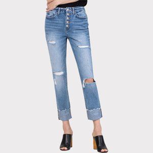 Flying Monkey Button Up Boyfriend Light Wash Jeans with Cuffed Hem Detail Jeans.